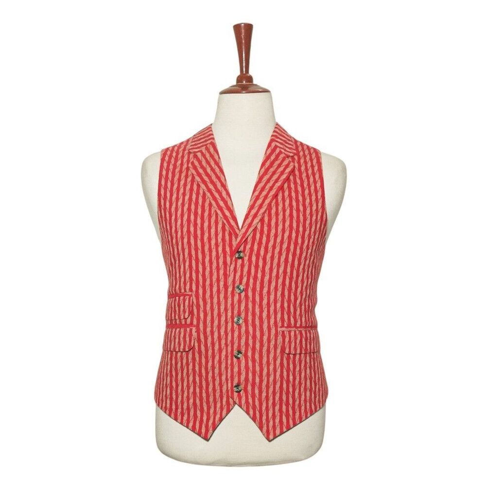 Mens 46R Wool Red Beige Stripe Vest Waistcoat Wedding Prom Party Formal Casual